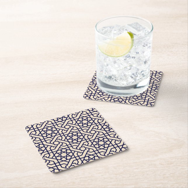 Islamic Blue White Moroccan Geometric Pattern Square Paper Coaster (Insitu)