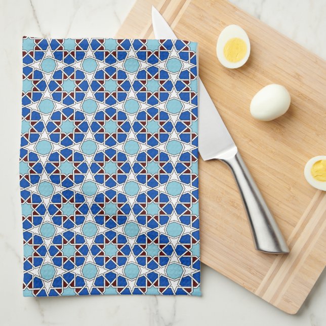 Islamic Blue White Moroccan Geometric Pattern Tea Towel (Quarter Fold)