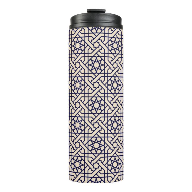 Islamic Blue White Moroccan Geometric Pattern Thermal Tumbler (Front)