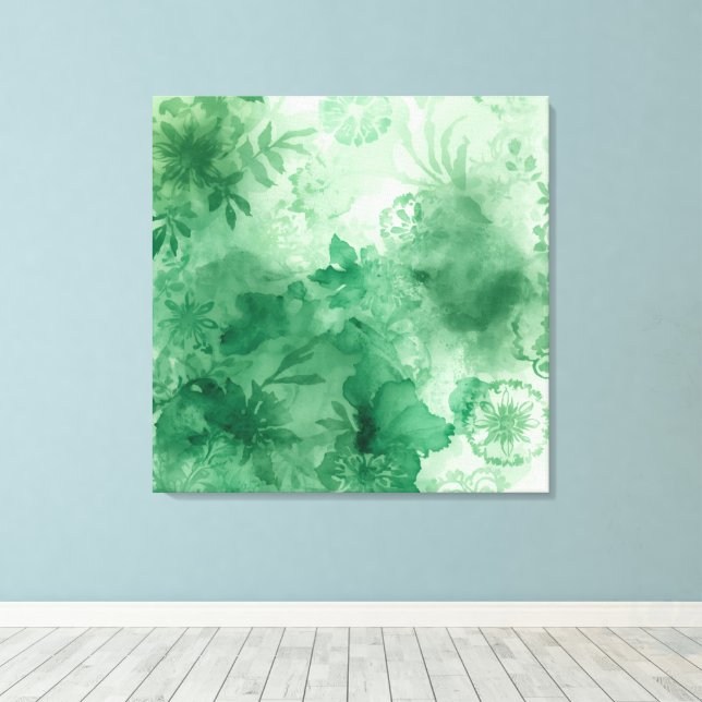 Islamic Botanical Art – Green Watercolor Arabesque Canvas Print (Insitu(Wood Floor))