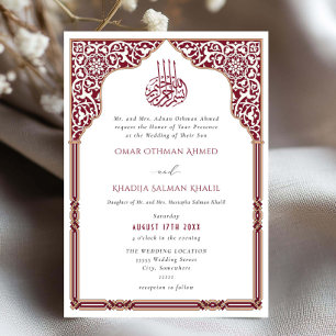 Islamic Burgundy Arch Ornate Arabesque Wedding Invitation