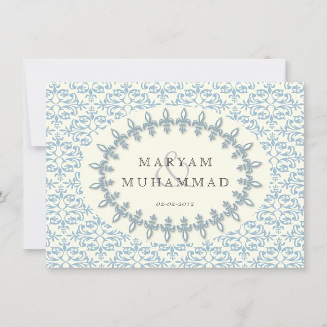 Islamic damask wedding engagement blue flower invitation (Front)