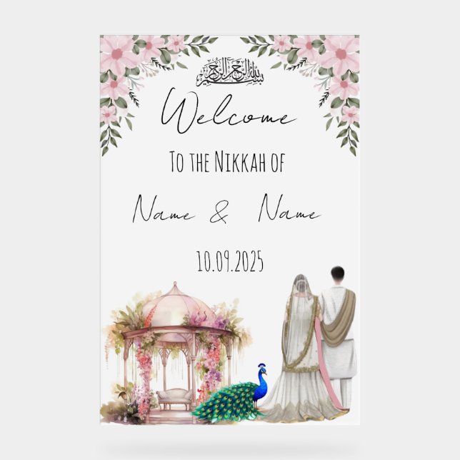 Islamic floral pink Nikkah sign.  Acrylic Sign (Front)