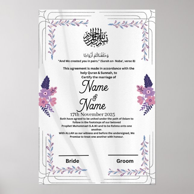Islamic floral purple nikkah certificate  poster (Front)