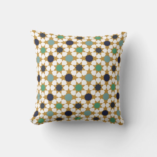 Islamic Geometric Blue Gold Motif Pattern Cushion (Front)
