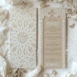Islamic Geometric Wedding Menu Card<br><div class="desc">Craft a memorable dining experience with this stunning wedding menu card that marries the grandeur of Islamic geometric patterns with the tasteful presentation of your wedding feast. The front features an elegant menu layout, set against a backdrop of cream and taupe, with beautiful scrollwork that frames the card's edge. The...</div>