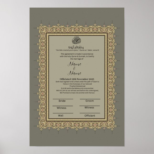 Islamic Grey floral border Nikkah certificate  Poster (Front)