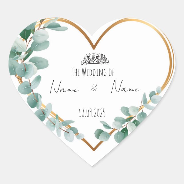 Islamic Heart shaped floral wedding favour sticker (Front)
