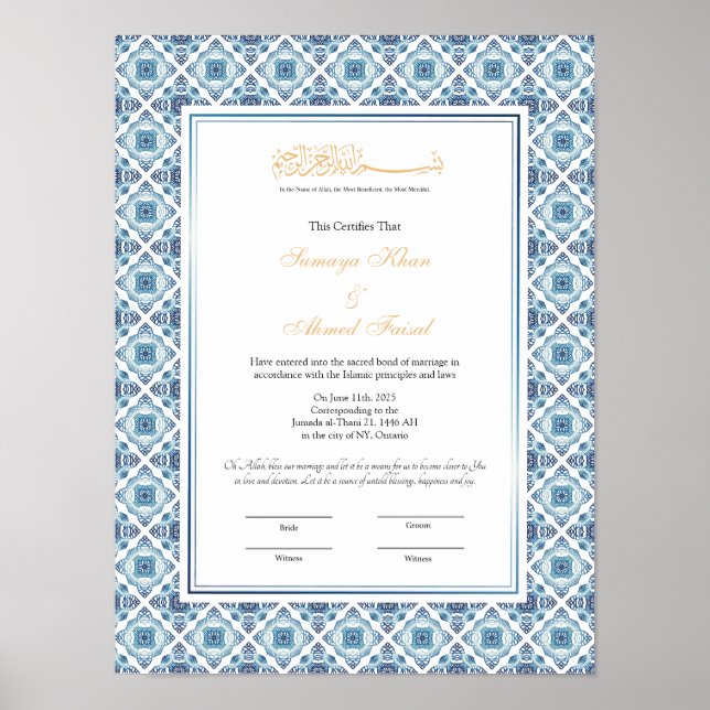 Islamic marriage certificate, nikkah contract poster (Front)