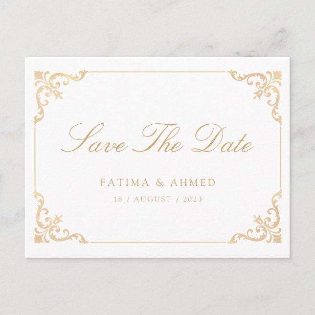 Islamic Muslim Gold Save The Date Announcement Postcard (Front)