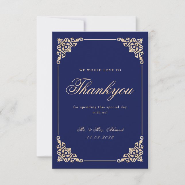 Islamic Muslim Navy Blue Wedding Thank You Card (Front)
