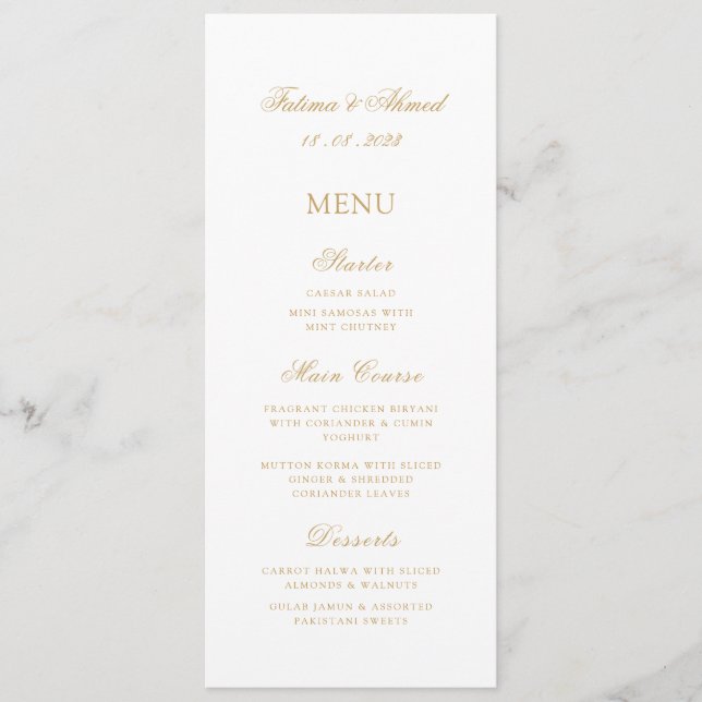 Islamic Muslim White Gold Vintage Wedding  Menu (Front)