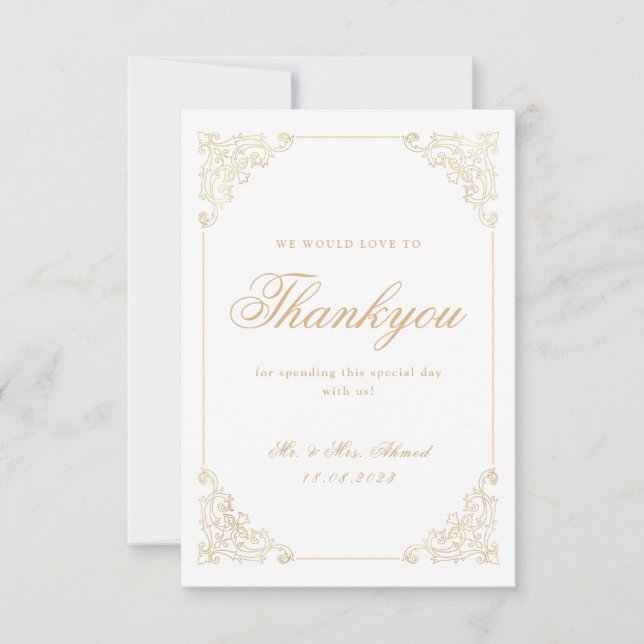 Islamic Muslim White Gold Wedding Thank You Card (Front)