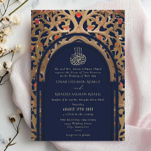 Islamic Navy Blue Mihrab Arabesque Wedding Invitation