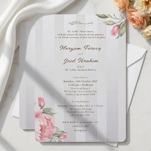 Islamic Nikah Blush Peony Grey Stripe Monogram Invitation