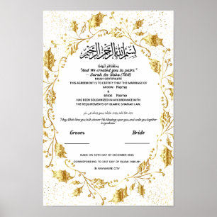 Islamic Nikah Certificate Elegant Gold Foil Leaf Poster