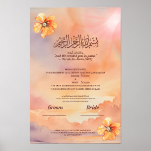 Islamic Nikah Certificate Peach Floral & Pearl Poster