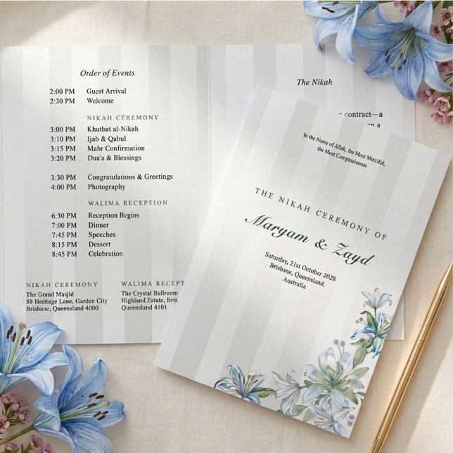 Islamic Nikah Wedding Blue Lily Grey Stripe Tri-Fold Programme (Creator Uploaded)