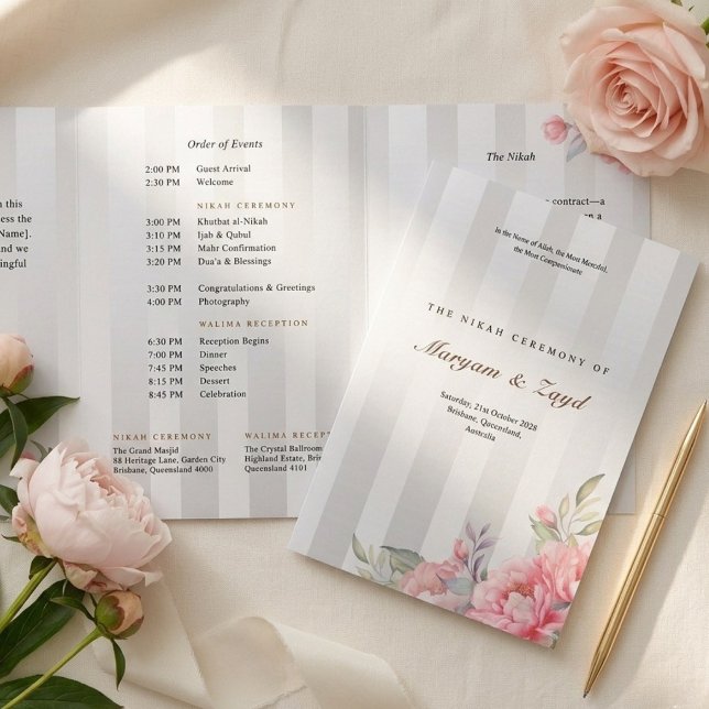 Islamic Nikah Wedding | Blush Peony Grey Stripe Tri-Fold Programme (Creator Uploaded)