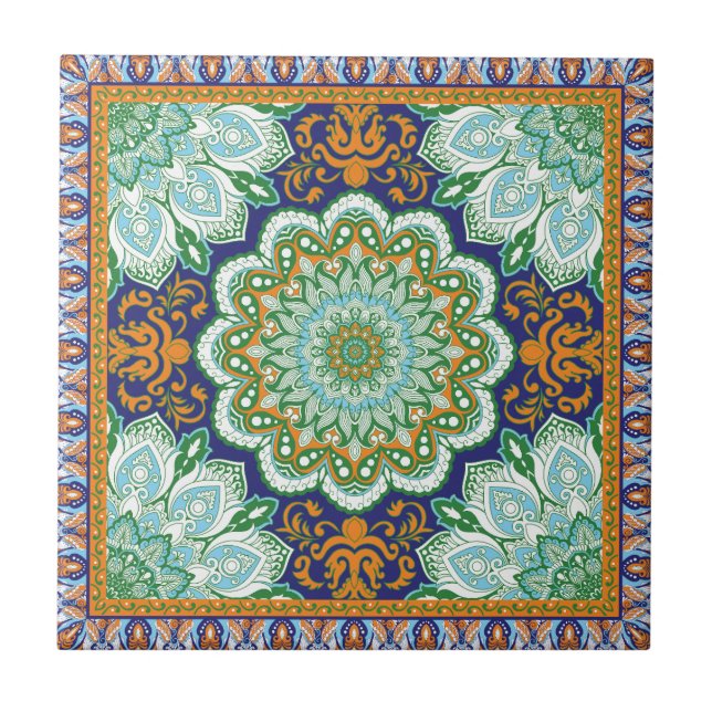 Islamic Pattern Orange, Blue, Green Ceramic Tile (Front)