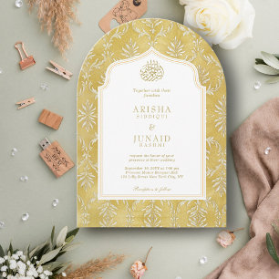 Islamic Royal Golden Damask Muslim QR Arch Wedding Invitation