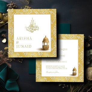 Islamic Royal Golden Damask Muslim Square Wedding Invitation