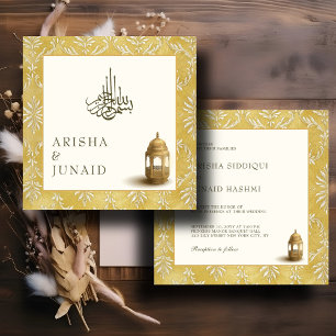 Islamic Royal Golden Damask Muslim Square Wedding Invitation