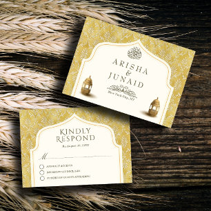 Islamic Royal Golden Damask Muslim Wedding RSVP Card