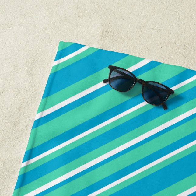 Islamic Turquoise, Aqua, White Striped Pattern Beach Towel (In Situ)