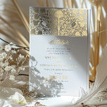 Islamic Victorian Fusion Wedding Invitation<br><div class="desc">This exquisite wedding invitation merges the intricate beauty of Victorian design with the elegant script of Islamic art. The front cover features a symmetrical Victorian floral pattern in gold, accented with a pair of love birds, each carrying an initial from the couple's names. The interior of the invitation reveals a...</div>