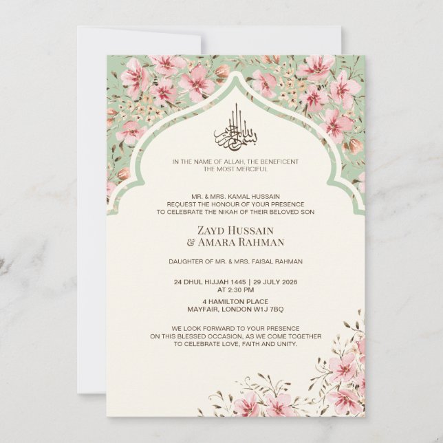 Islamic Wedding Invitation – Watercolor Floral Art (Front)