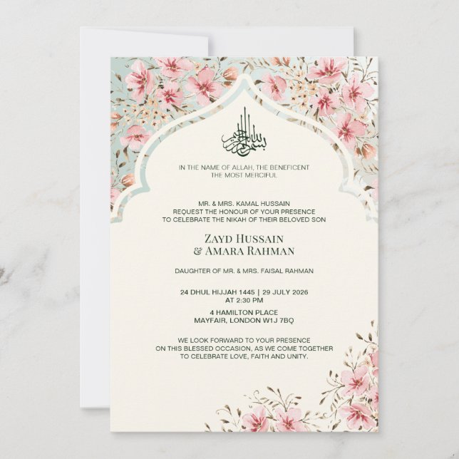 Islamic Wedding Invitation – Watercolor Floral Art (Front)