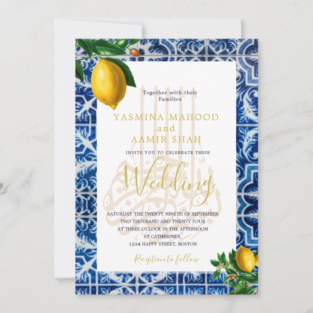 Islamic Wedding  Lemons Blue White Tiles Elegant Invitation (Front)