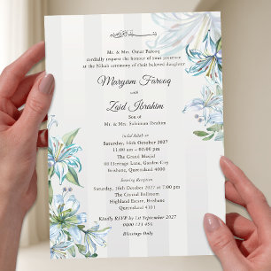 Islamic Wedding Nikah Blue Watercolor Lily & Grey Acrylic Invitations