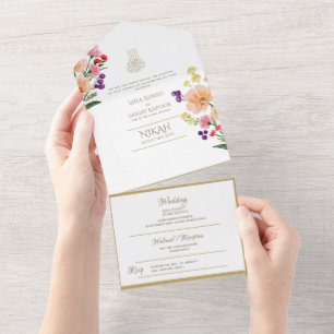 Islamic WEDDING NIKAH WALLIMAH Gold Floral All In  All In One Invitation