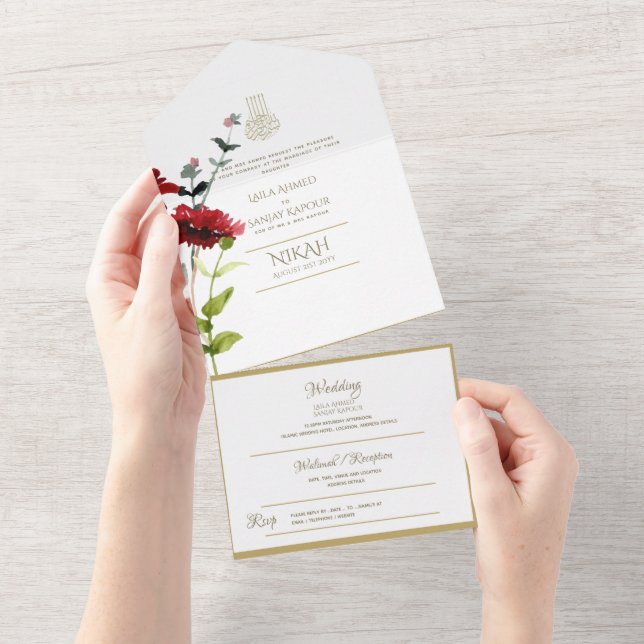 Islamic WEDDING NIKAH WALLIMAH Gold Floral All In  All In One Invitation (Tearaway)