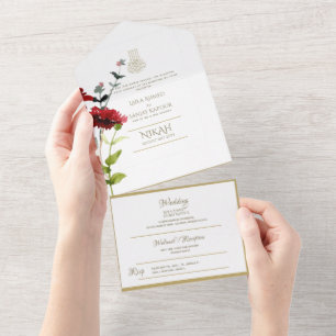 Islamic WEDDING NIKAH WALLIMAH Gold Floral All In  All In One Invitation