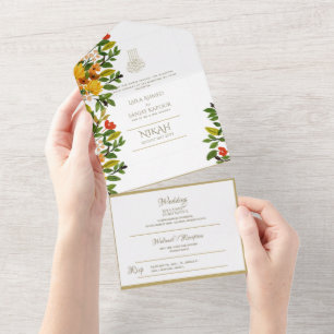 Islamic WEDDING NIKAH WALLIMAH Gold Floral All In  All In One Invitation