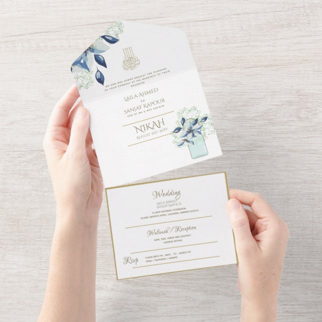 Islamic WEDDING NIKAH WALLIMAH Gold Floral All In  All In One Invitation (Tearaway)