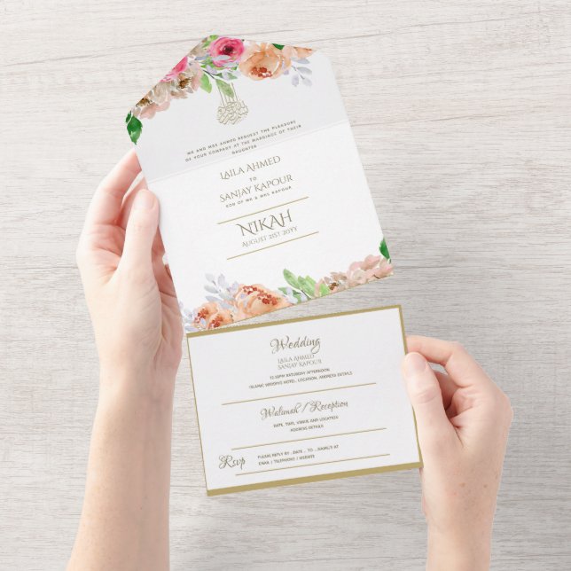 Islamic WEDDING NIKAH WALLIMAH Gold Floral All In  All In One Invitation (Tearaway)