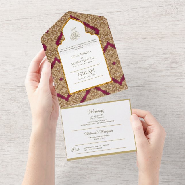 Islamic WEDDING NIKAH WALLIMAH Gold Red Ornate All All In One Invitation (Tearaway)