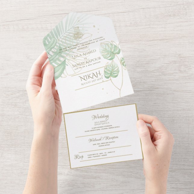 Islamic WEDDING NIKAH WALLIMAH Tropical Leaves All In One Invitation (Tearaway)