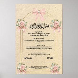 IslamicNikahCertificate Blush PinkBow Pearl Flower Poster
