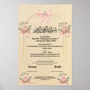 IslamicNikahCertificate Blush PinkBow Pearl Flower Poster