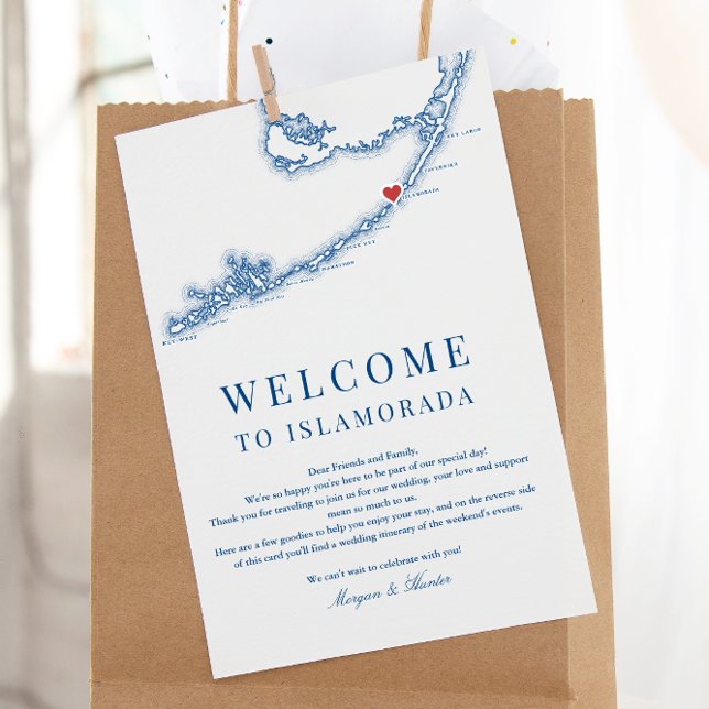 Islamorada FL Navy Blue Wedding Welcome Itinerary Thank You Card (Islamorada Florida Keys Wedding Welcome Letter Weekend Schedule in Elegant Navy Blue )