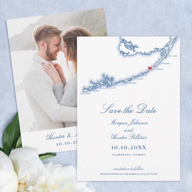 Islamorada Florida Keys Elegant Navy Blue Wedding Save The Date (Islamorada Florida Keys Wedding Save the Dates in Elegant Navy Blue from Coastal Map Designs)