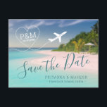 Island Beach Wedding Heart Aeroplane Save the Date Announcement Postcard<br><div class="desc">Beach destination save the date card with a heart aeroplane over a stunning turquoise teal blue ocean next to a lush tropical palm tree bordered sandy beach with a modern and fun type design. Click “Customise” for advanced editing of the design such as changing text colour, font, and placement, and...</div>