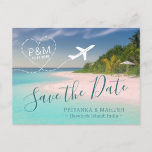 Island Beach Wedding Heart Aeroplane Save the Date Announcement Postcard