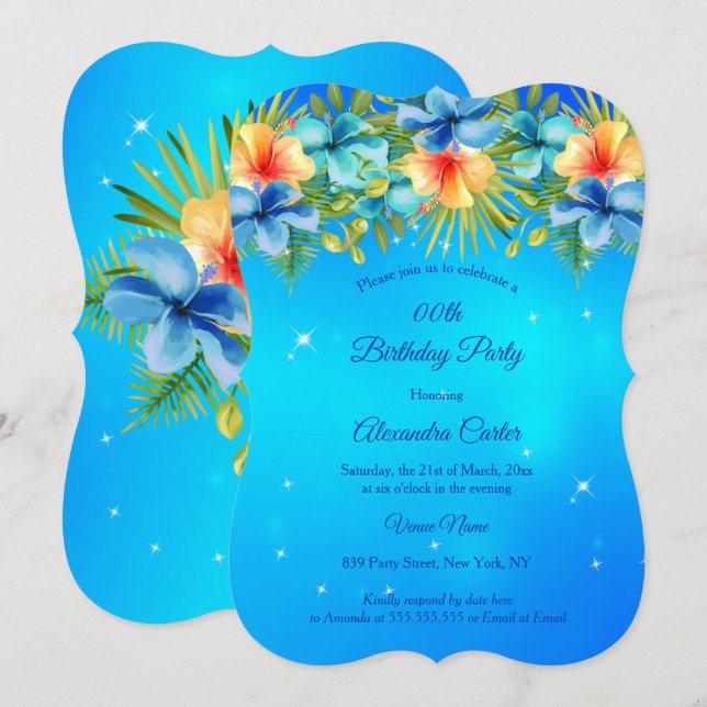 Island Blue yellow Hibiscus Tropical Floral Party Invitation (Front/Back)