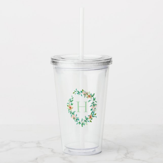 Island Botanical Sea Leaves Floral Wreath Monogram Acrylic Tumbler (Front)